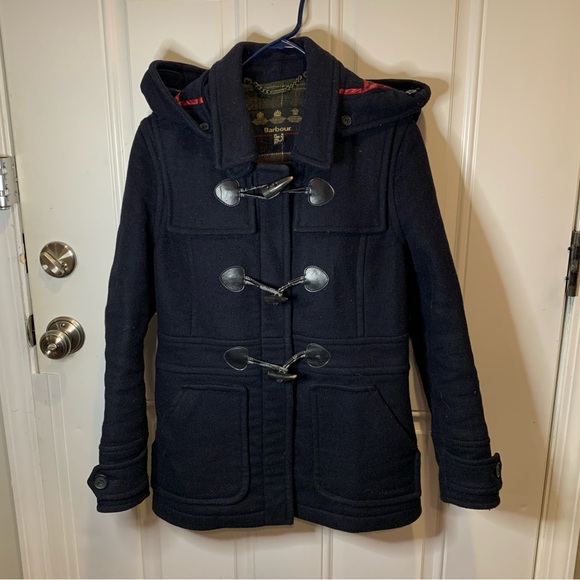 Barbour Vintage Buttermere Wool Toggle Hooded Duffle Coat Peacoat Size 6 - Picture 2 of 11